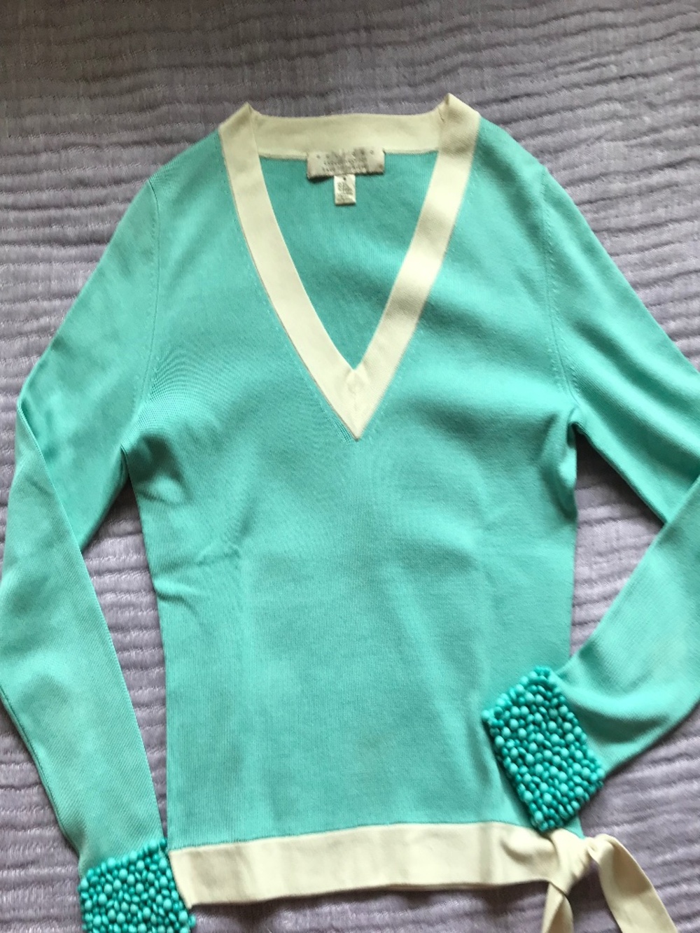 Bedford Lightweight Turquoise Sweater with Beaded Cuffs from Saks Fifth Ave